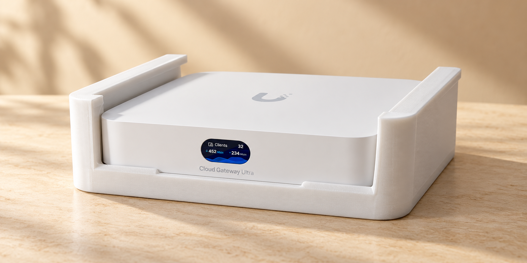 White Four Rivers printed mount holding a Cloud Gateway Ultra — styled product visualization